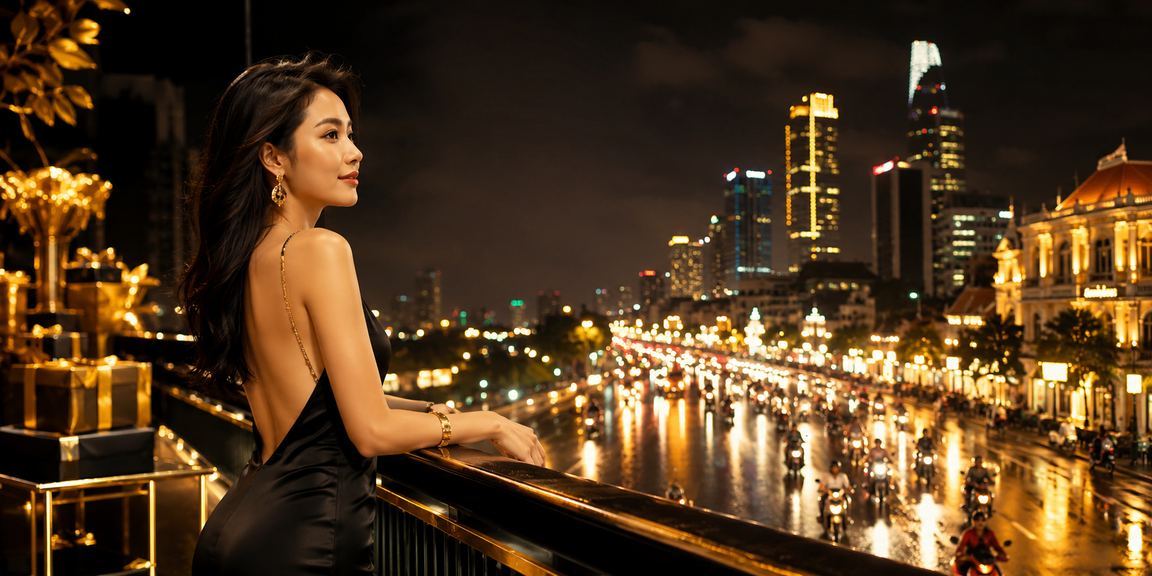 Ánh đèn neon casino tại TP.HCM về đêm, không khí jackpot sôi động